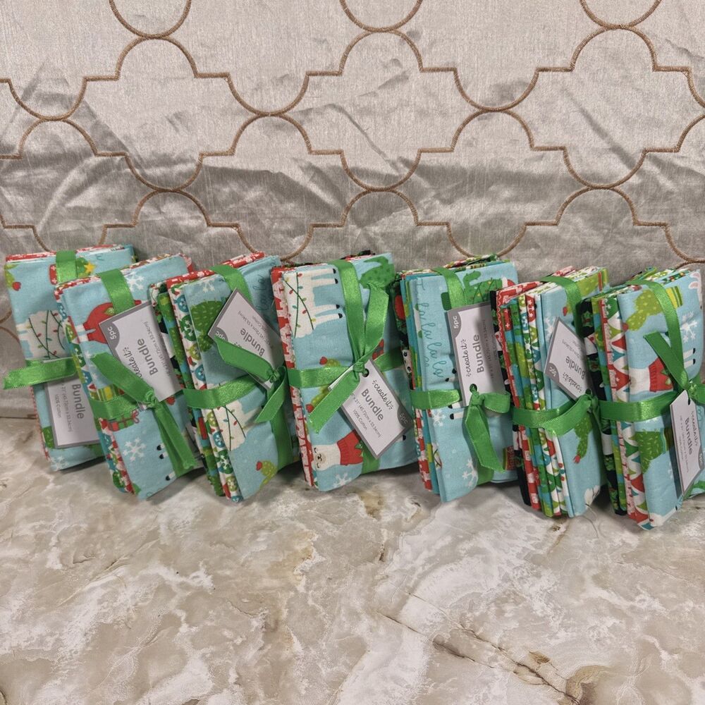 Lot Of 7 Bundles: 5 pc Christmas Fabric Fat Quarters 18"x21" Holiday Llama